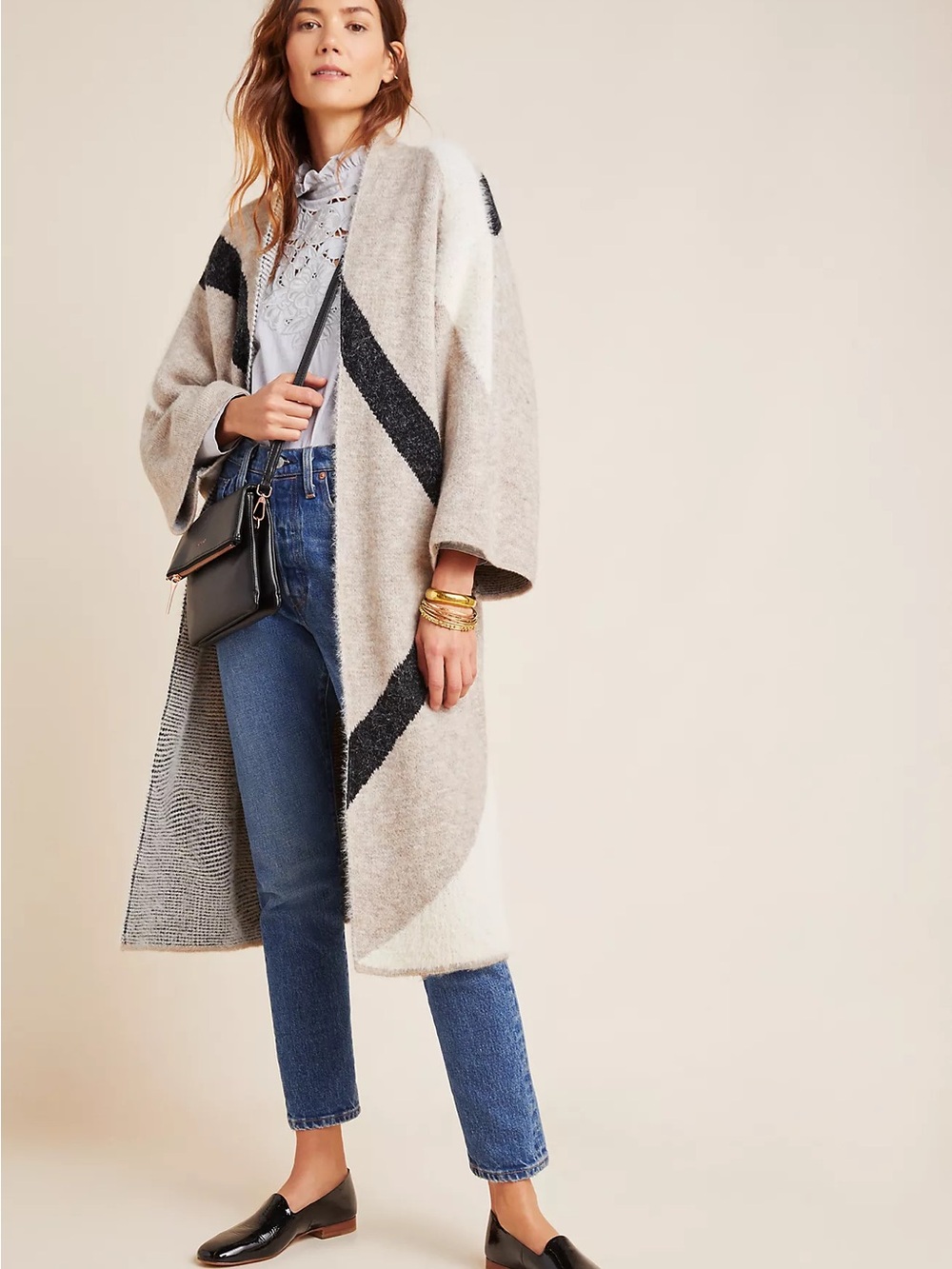 Anthropologie Antonia Neutral Geometric Open-Front Coatigan in Beige and Black L